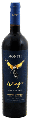 Fles Montes Wings uit het jaar 2020 met een inhoud van 0.75 L en alcoholpercentage van 14.5. Deze wijn komt uit de wijnstreek Colchagua Valley gelegen in Chili. Het druivenras is Carmenère. Het EAN nummer van de fles op de afbeelding is 7804303002944.